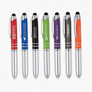 All-In-One Ballpoint Pen, Stylus & Led Light In Black, Blue, Or Red
